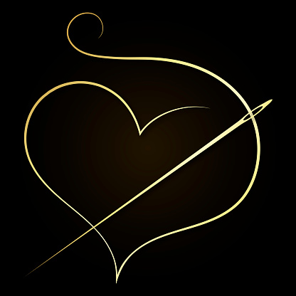 Gold needle with a spool of thread. Gold heart tailor symbol