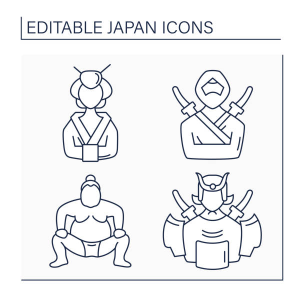Japan line icons set Japan line icons set. Japanese traditions. Sumo, geisha, ninja and samurai. Culture concept. Isolated vector illustrations.Editable stroke modern geisha stock illustrations