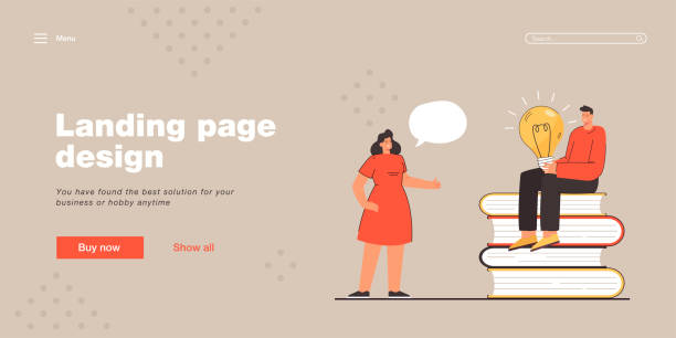 istock Woman talking with man sitting on heap of books 1352502825