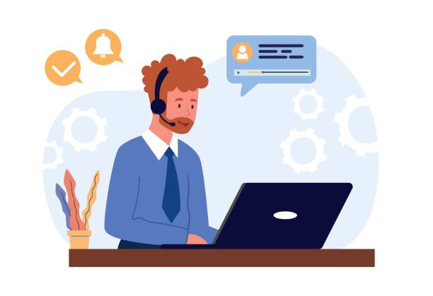 ilustrações de stock, clip art, desenhos animados e ícones de operator call center - center occupation headset on the phone