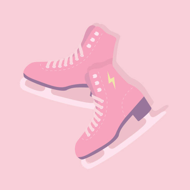 ilustraciones, imágenes clip art, dibujos animados e iconos de stock de par de patines artísticos rosas. vector de patines sobre hielo femeninos. - ice hockey silhouette celebration ice skating