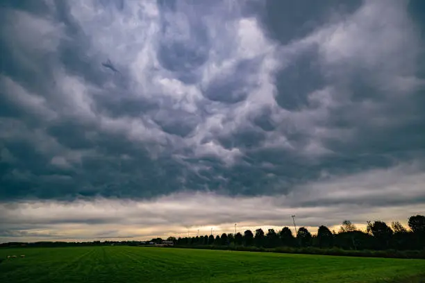 Dramatic sky with mammatus or bubble clouds at the leading edge of a cold front over the western part of Holland.