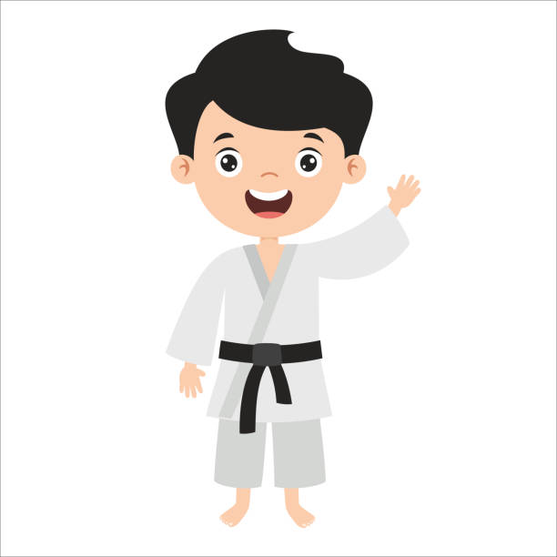 ilustraciones, imágenes clip art, dibujos animados e iconos de stock de dibujo de dibujos animados de un niño haciendo karate - karate child judo belt