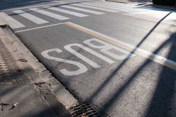 istock Bus lane stop and pedestrians cross. 1352508581