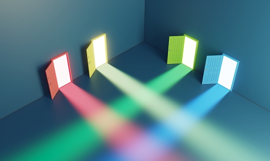 Multi colored doors and glowing lights through the doors. ( 3d render )