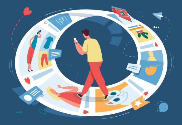 Internet or social media addiction, character scrolling through app. Person using smartphone, endless scroll addict vector illustration Internet or social media addiction, character scrolling through app. Person using smartphone, endless scroll addict vector illustration. Man user surfing networks with photos and posts addiction stock illustrations