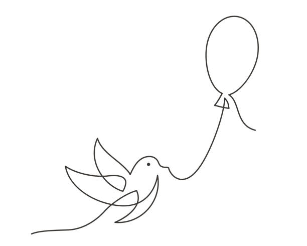 bird balloon one line Continuous line drawing of bird carrying a balloon. Vector illustration continuous line drawing bird stock illustrations