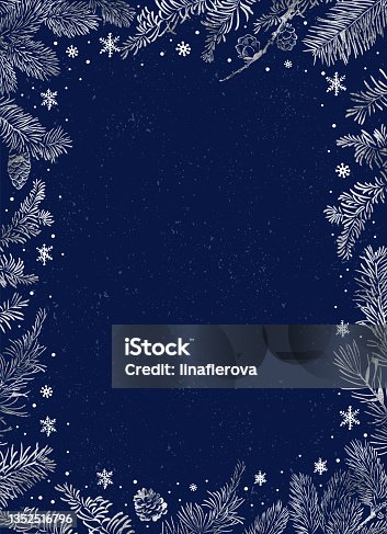 istock Vector of Christmas frame with silver branches of Christmas tree on deep blue background. 1352516796