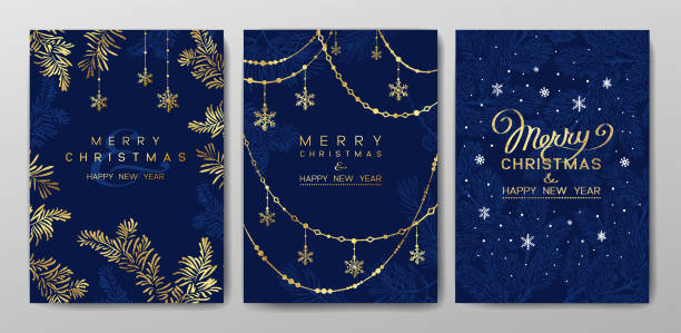 深い青い背景にクリスマスツリーの黄金の枝を持つクリスマスカードのベクトル。 - christmas snow frame snowflake点のイラスト素材／クリップアート素材／マンガ素材／アイコン素材
