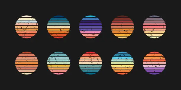 Vector illustration of Retro sunset circle with gradient color. Vintage textured sticker of sun beach icon. Abstract stylized holiday on surf in ocean logo for t-shirt. Horizon striped colorful circles with grunge effect