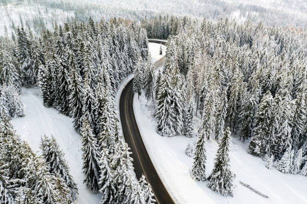 istock Mountain highway in winter day 1352518750