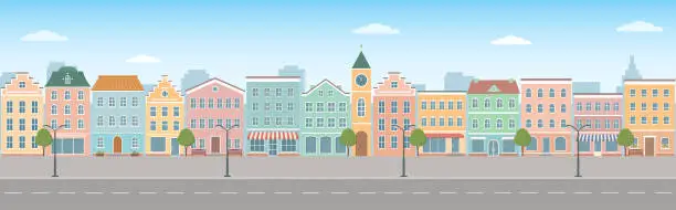 Vector illustration of City life illustration with house facades, road and other urban details. Panoramic view.