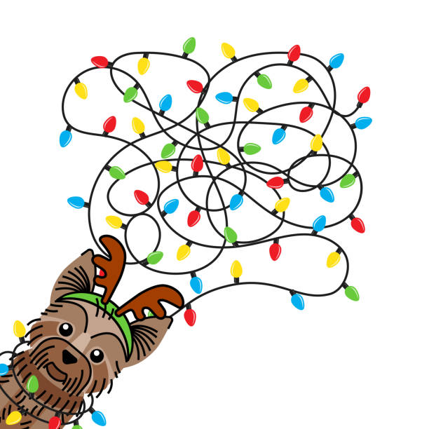 Dog tangled Christmas lights in costume deer Dog tangled Christmas lights in Christmas costume deer on white background. Yorkshire terrier in Christmas lights.  Design for greeting card, cover, poster. christmas chaos stock illustrations