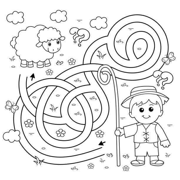 maze or labyrinth game. puzzle. tangled road. coloring page outline of cartoon shepherd with sheep. farm animals. coloring book for kids. - çoban sürücü illüstrasyonlar stock illustrations