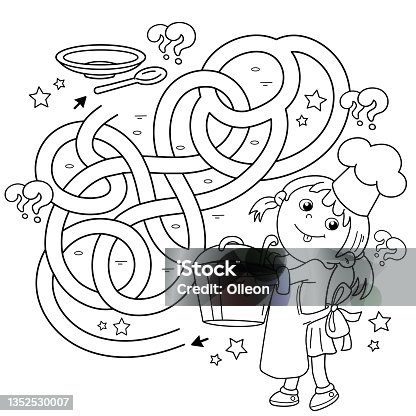 istock Maze or Labyrinth Game. Puzzle. Tangled road. Coloring Page Outline Of cartoon girl chef with large pot. Little cook or scullion. Profession. Coloring book for kids. 1352530007
