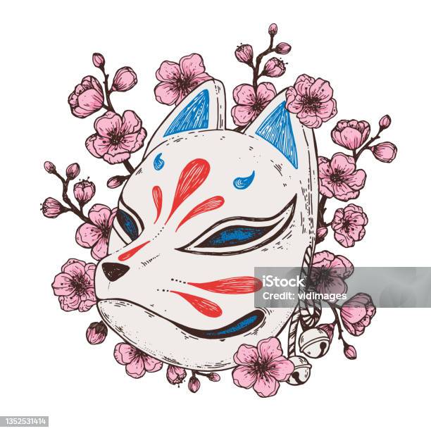 Kitsune Mask With Sakura Flower Hand Drawn Vector Illustration ...