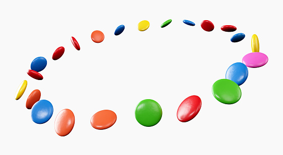 Rainbow colorful candies flying around 3d illustration