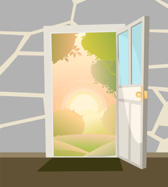 istock Opened door. From inside of room at home. Summer rural landscape view. Stone wall. Way is open. Cartoon cute fairy tale design. Image background. Vector 1352532958