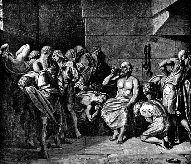 смерть сократа от употребления яда болиголова - 4 век до н.э. - philosopher classical greek greek culture greece stock illustrations