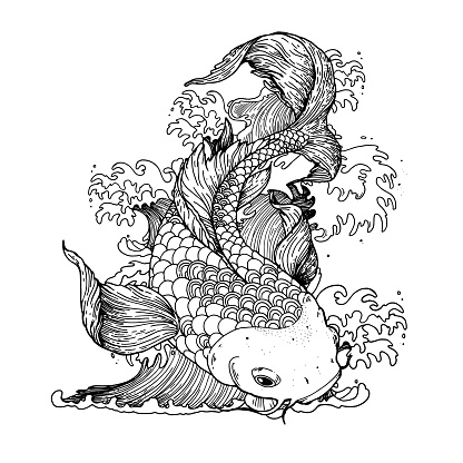 Koi carp with japanese waves. Sketch vector illustration. Tattoo print. Hand drawn sketch illustration for t-shirt print, fabric and other uses
