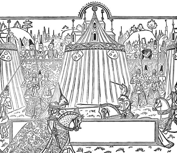 Jousting in the Tournament at St. Inglevert, in Jean Froissart‘s Chronicles - 14th Century Jousting in the Tournament at St. Inglevert, in Jean Froissart‘s Chronicles Book IV, Chapter XIII (circa 14th century). Vintage etching circa late 19th century. ring tilt stock illustrations