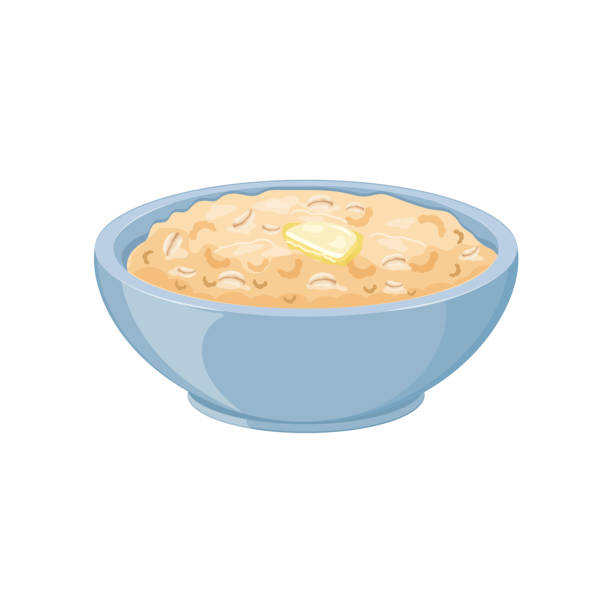 ilustrações, clipart, desenhos animados e ícones de leite de aveia em um prato azul. ilustração vetorial. - oatmeal