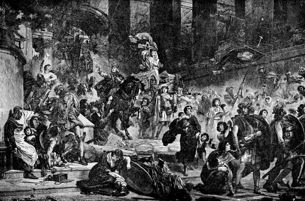 wejście alaryka i do rzymu, obraz wilhelma lindenschmita młodszego - 19 wiek - ancient rome illustration and painting engraving engraved image stock illustrations