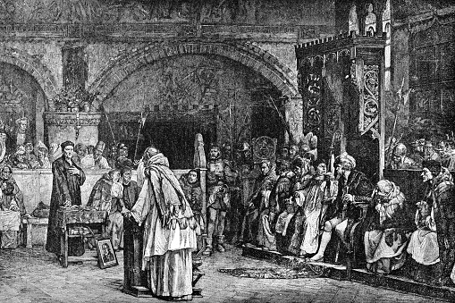 Religious Discourse between Olaus Petri and Peder Galle, painting by Carl Gustaf Hellqvist (circa 19th century). Vintage etching circa late 19th century.