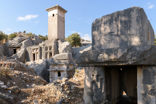 Rock tomb and sarcophagus tomb at ancient city Xanthos. Antalya, Turkey