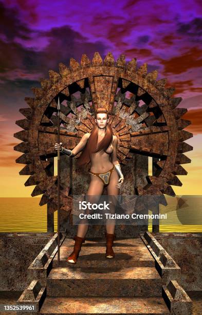 Fantasy Warrior Guardian Of The Wheel Of The Time 3d Illustration Stock Photo - Download Image Now