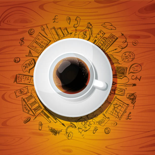 istock Cup of coffee with hand drawings on a wooden background. 1352541951