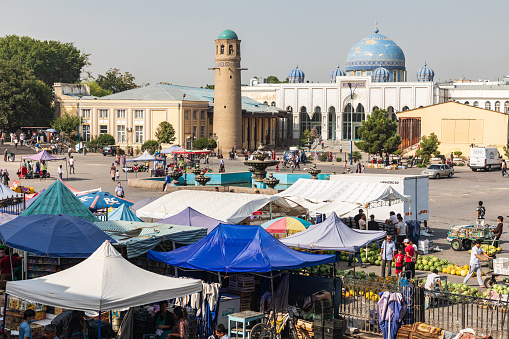 Khujand, Sughd Province, Tajikistan. August 20, 2021. Market in front of the Jami Mosque in Khujand.