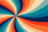 istock groovy retro background pattern in retro color palette of blue orange and beige stripes in spiral or swirled radial striped sunburst or starburst design, old vintage background vector in hippy 60s design 1352545319
