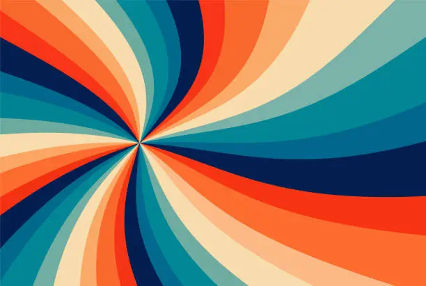 Vector illustration of groovy retro background pattern in retro color palette of blue orange and beige stripes in spiral or swirled radial striped sunburst or starburst design, old vintage background vector in hippy 60s design