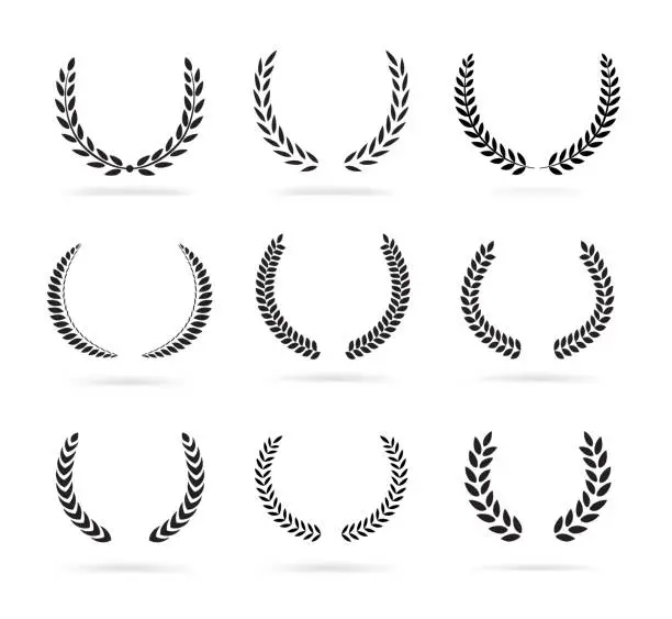 Vector illustration of Set of black laurel wreaths isolated on white background.