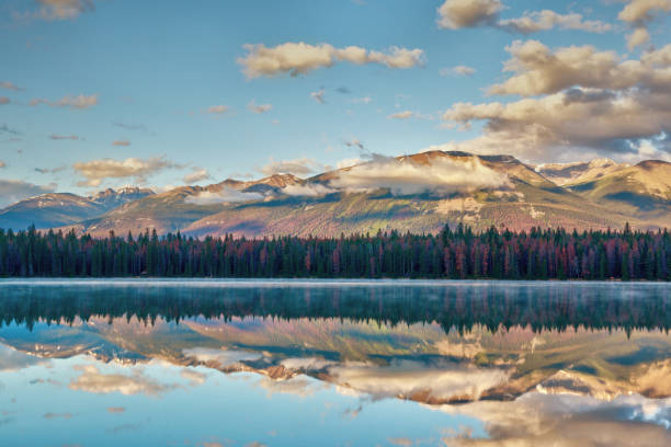 Sunrise at Annette Lake in Jasper National Park, Alberta, Canada stock photo