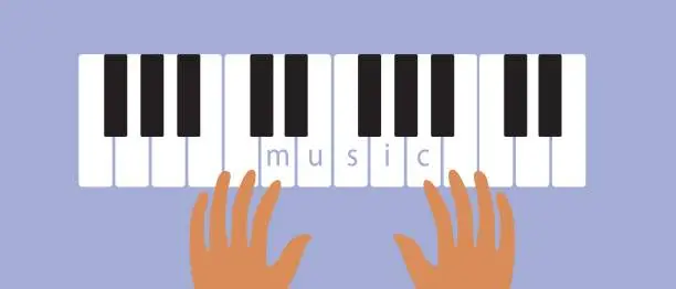 Vector illustration of Hands on Piano Keys, Flat Vector Stock Illustration with Piano Music and Musician Hands, Top View