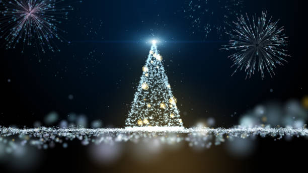 istock Glow blue particles glittering christmas tree lights motion graphic and fireworks background. 1352554981