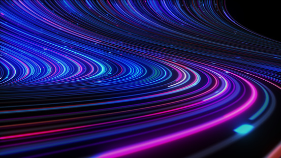 3d abstract neon background space and time strings, highway night lights.