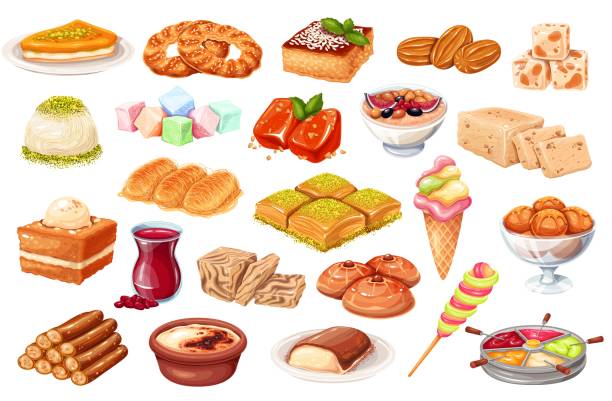 Turkish cuisine traditional dishes Turkish cuisine traditional dishes. Baklava, bagel simit, halva, rahat locum and ets. Sweet oriental delight vector illustration. tulumba stock illustrations
