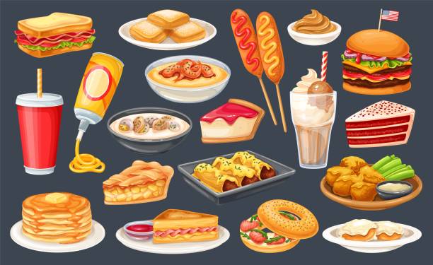 American food con American food icon. Red velvet cake, grits, monte cristo sandwich, pancakes, maple and spray cheese. Corn dog, clam chowder, biscuits and gravy, apple pie, blt, sandwich and buffalo wings vector. chowder stock illustrations