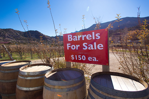 Wine Barrels and Red Sign: \