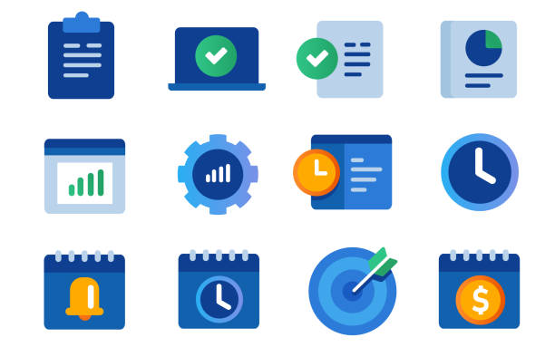 ilustrações de stock, clip art, desenhos animados e ícones de icon set collection of productivity gear notification calendar project management alert bell clock task list target in blue color - calendar deadline target dart