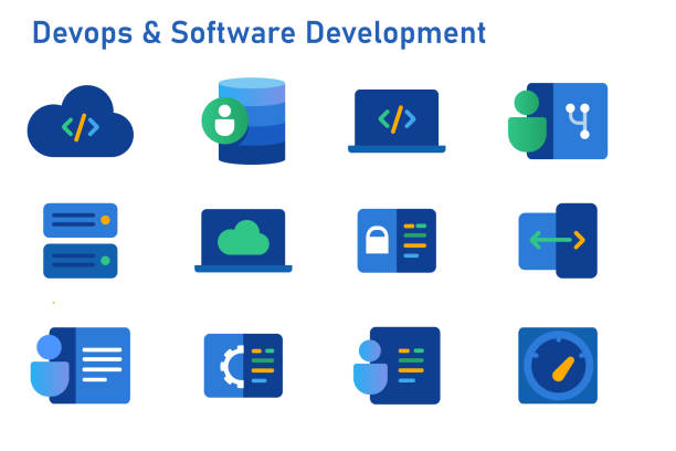 devops software development icon set coding programming cloud computing server repository devops software development icon set coding programming cloud computing server repository in vector computer settings screen stock illustrations