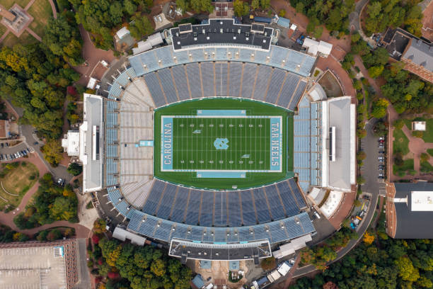 University of North Carolina at Chapel Hill Football stadium. Football in the Forest. Aerial view straight down. Looking straight down at a football stadium. Photo taken in Chapel Hill North Carolina on 10-29-21. ncaa college conference team stock pictures, royalty-free photos & images