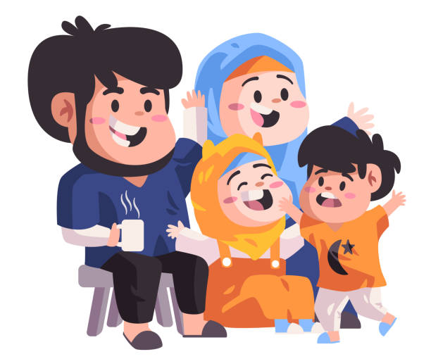 Muslim family sitting in sofa and making laugh and joking in living room happy smiling Islam modern flat color isolated vector design Muslim family sitting in sofa and making laugh and joking in living room happy smiling Islam modern flat color isolated vector design illustration keluarga stock illustrations