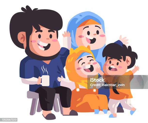 Muslim Family Sitting In Sofa And Making Laugh And Joking In Living Room Happy Smiling Islam Modern Flat Color Isolated Vector Design Stock Illustration - Download Image Now
