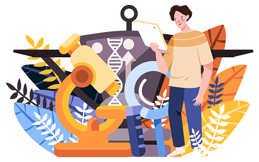 the researcher analysis his biotechnology research document using a microscope too , biotechnology is the use of biology to solve problem modern cartoon flat color vector design illustration