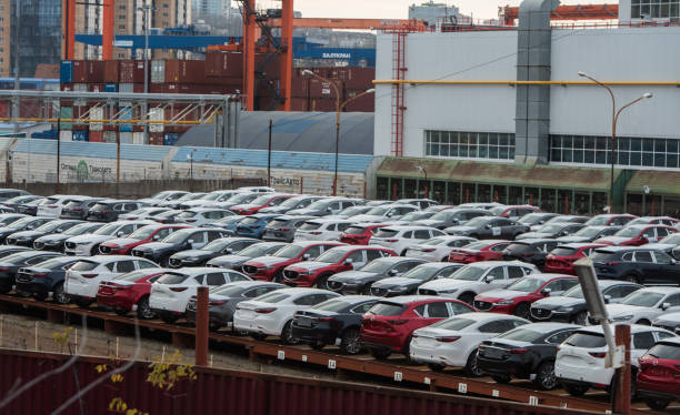 Finished goods warehouse (cars) of the car factory "Sollers-Mazda". stock photo