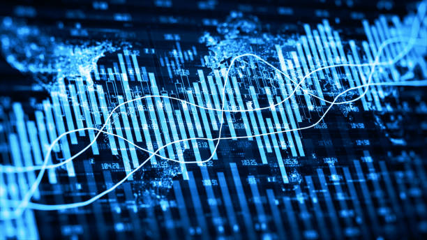 dati digitali tendenze degli investimenti finanziari, diagramma del business finanziario con grafici e numeri di borsa che mostrano profitti e perdite nel tempo in modo dinamico, business e finanza. rendering 3d - portfolio foto e immagini stock